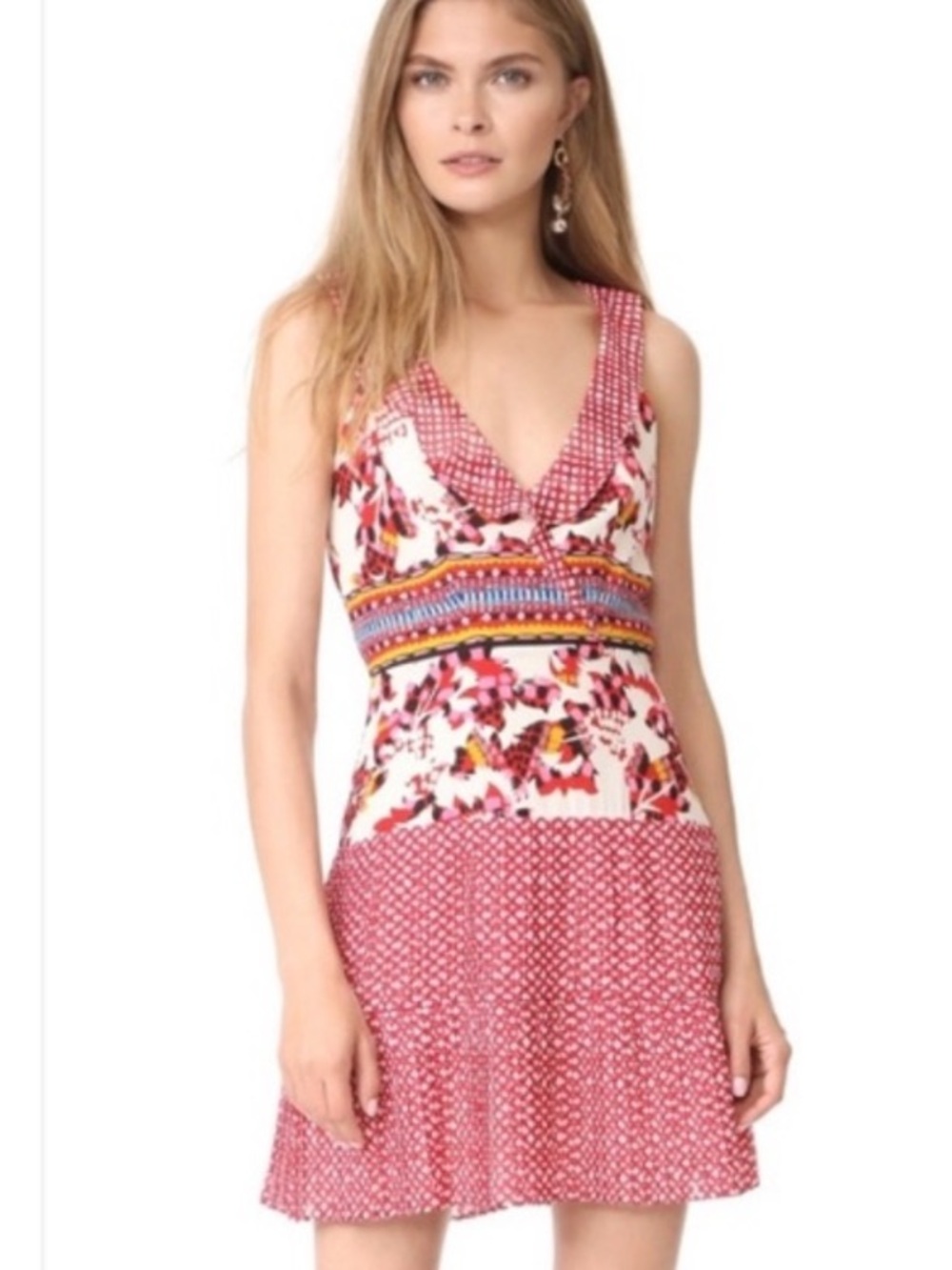 Saloni Amy Red Cream 100% Silk Sleeveless Mini Dress
